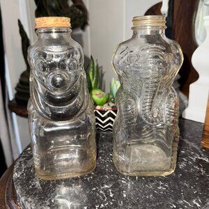 2 Vtg 1950s Grapette Soda Syrup Glass Elephant Clown and Coin Bank Bottle Camden